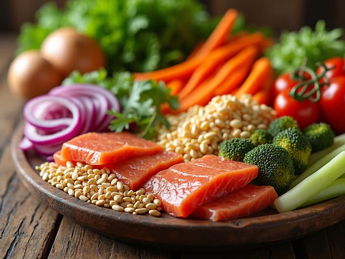 Colorful spread of vegetarian protein sources, grains, and vegetables on a wooden table