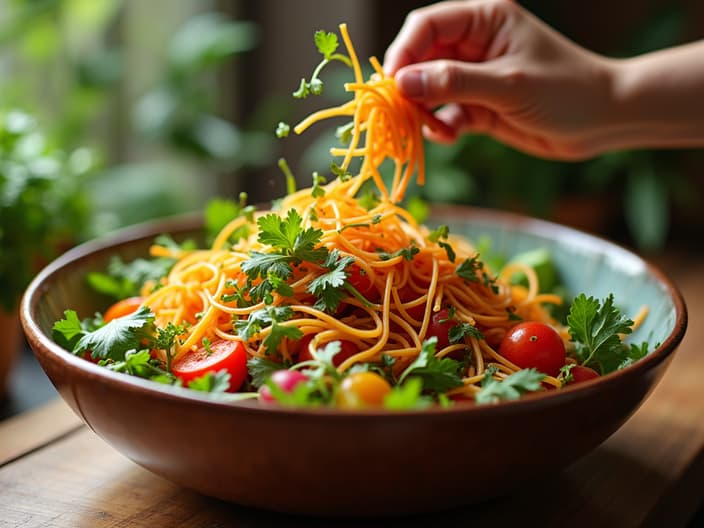 Colorful vegetable salad being tossed in a large bowl