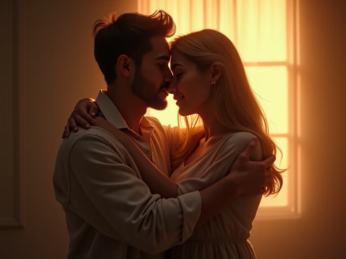 Comforting scene of two friends hugging in a warm studio light