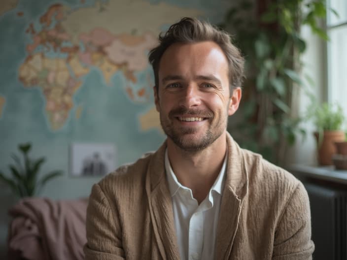 Compassionate man in a calming studio setting with mental health awareness symbols