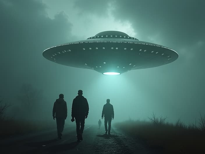 Conceptual image of a UFO being investigated by government agents