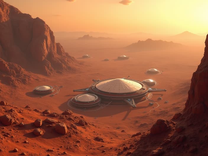 Conceptual image of a space colony on Mars, representing the future of humanity