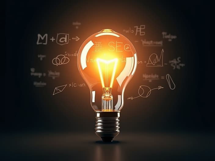 Conceptual studio shot of a glowing lightbulb with scientific formulas and diagrams floating around it