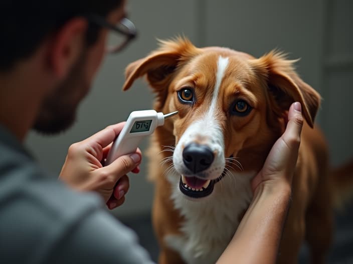 Concerned owner checking a dog's temperature with a thermometer