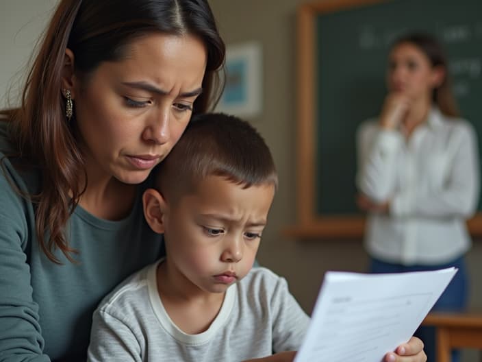 Concerned parent looking at a child's bad grades, with a teacher in the background