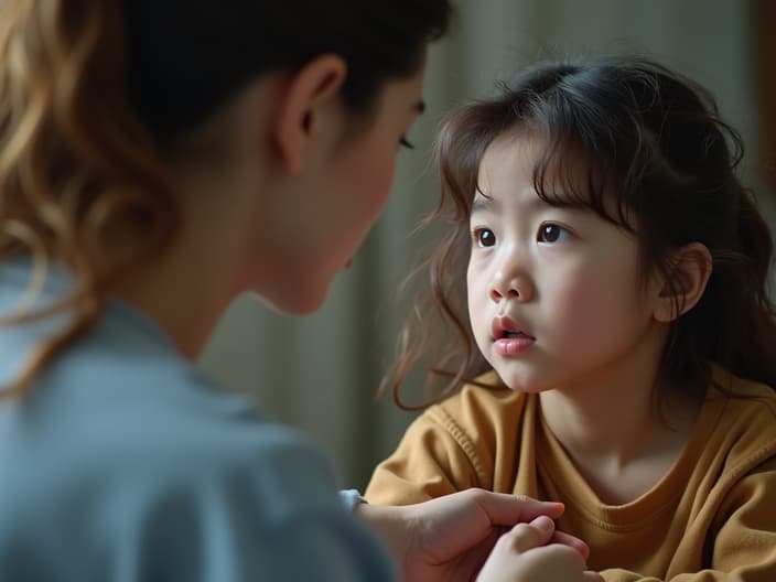 Concerned parent looking at a child with emotional issues, with a therapist in the background