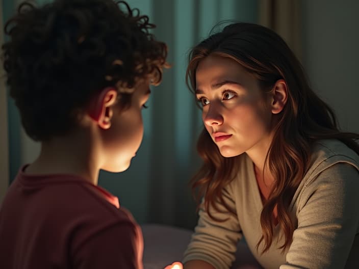 Concerned parent talking to a bullied child, with a supportive expression