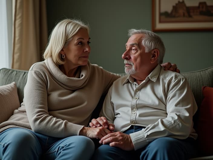 Concerned person sitting with an ill parent, holding their hand