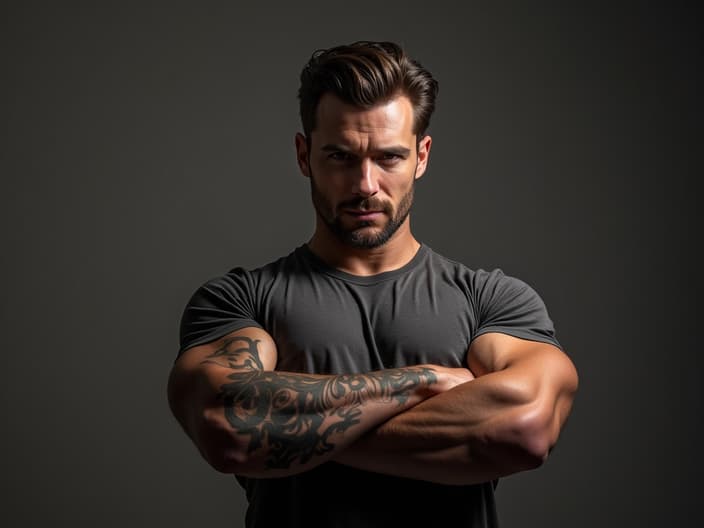 Confident man in a power pose, studio portrait with bold lighting