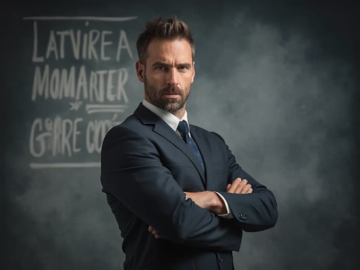 Confident man in a power pose, studio setting with motivational backdrop