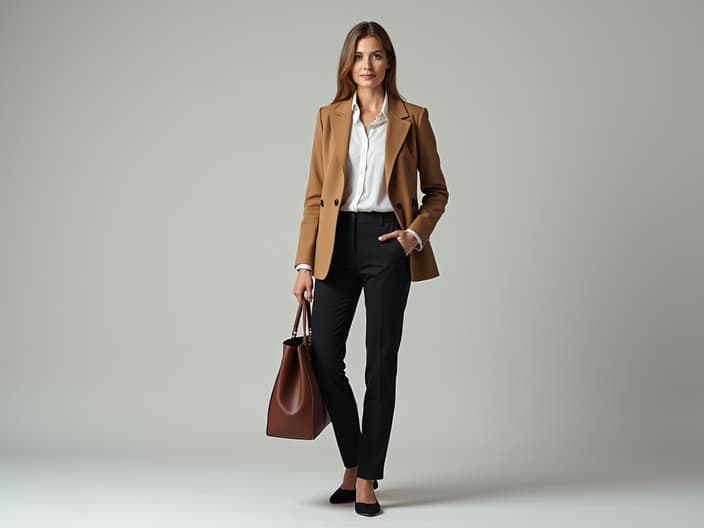 Confident professional in versatile outfit suitable for work and leisure, studio portrait