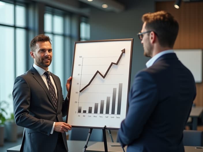 Confident professional presenting a growth chart to a superior in an office, studio lighting