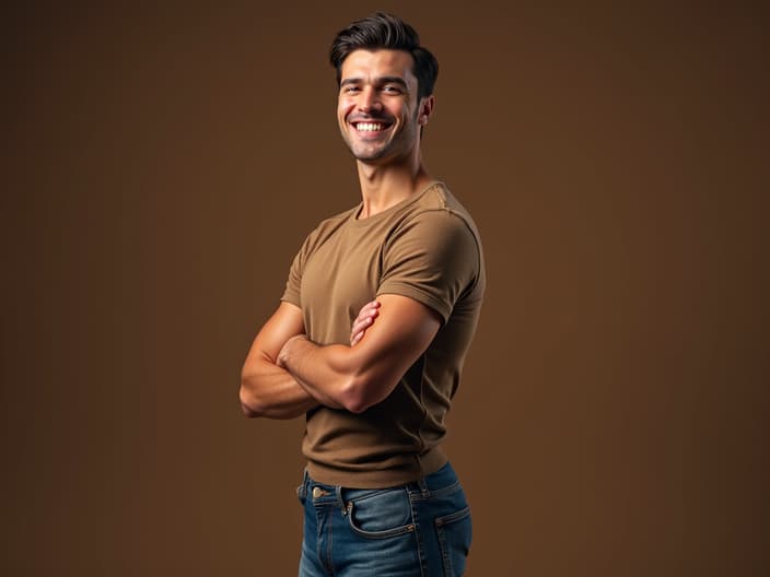 Confident studio portrait of a person standing tall with a proud smile, warm lighting