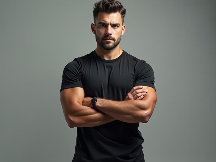 Confident studio portrait of a person standing tall with arms crossed