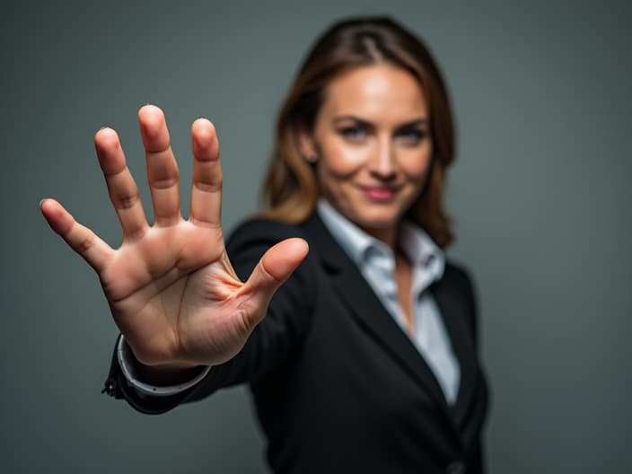 Confident studio portrait of a person with hand outstretched in a stop gesture, symbolizing setting boundaries