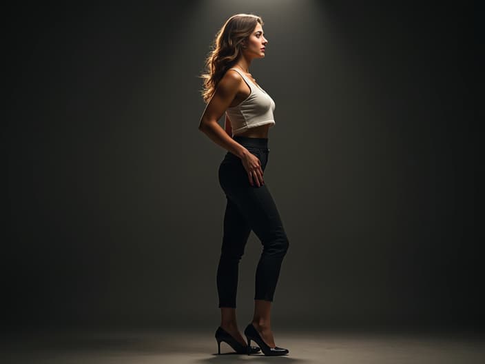 Confident woman standing tall in a professional studio setting, dramatic lighting