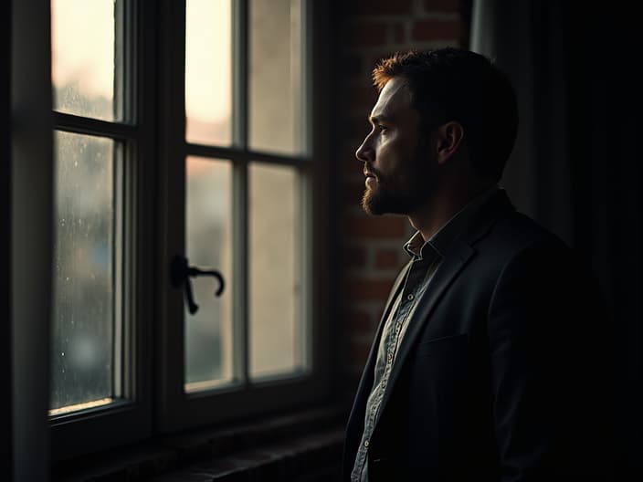 Contemplative man looking out a studio window, dramatic lighting