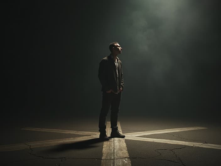 Contemplative studio portrait of a person at a crossroads, symbolic lighting