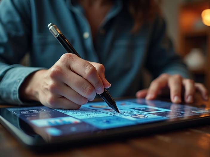 Content creation process, person writing on tablet with creative visuals around, studio setting, soft lighting