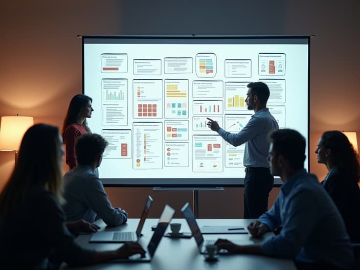 Content marketing strategy session, team planning content calendar on large whiteboard, studio backdrop, cinematic lighting