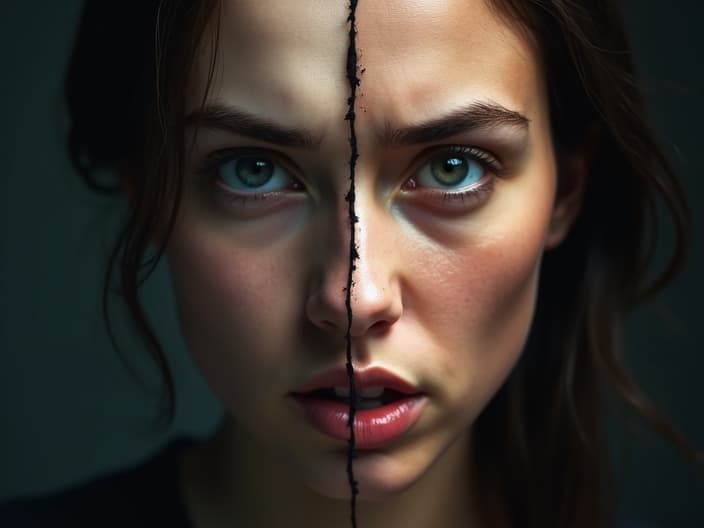 Contrasting studio portrait showing a calm face on one side and an angry expression fading on the other