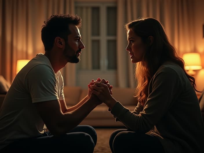 Couple arguing in a living room, tense body language, dramatic lighting