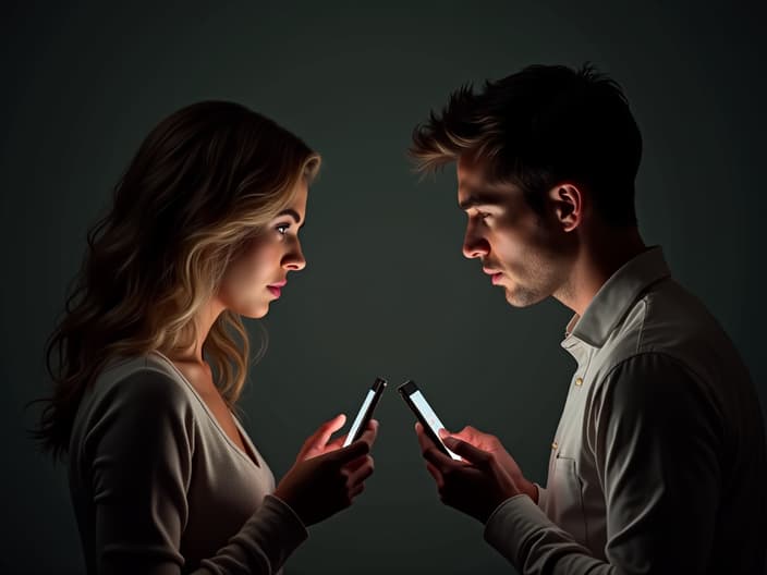 Couple arguing through text messages, studio setting with phones and tense atmosphere