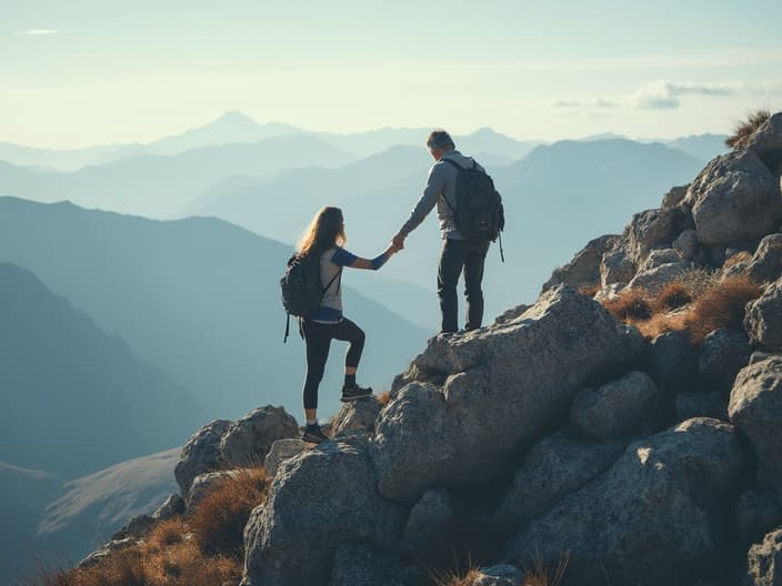 Couple climbing a mountain together, reaching for the summit