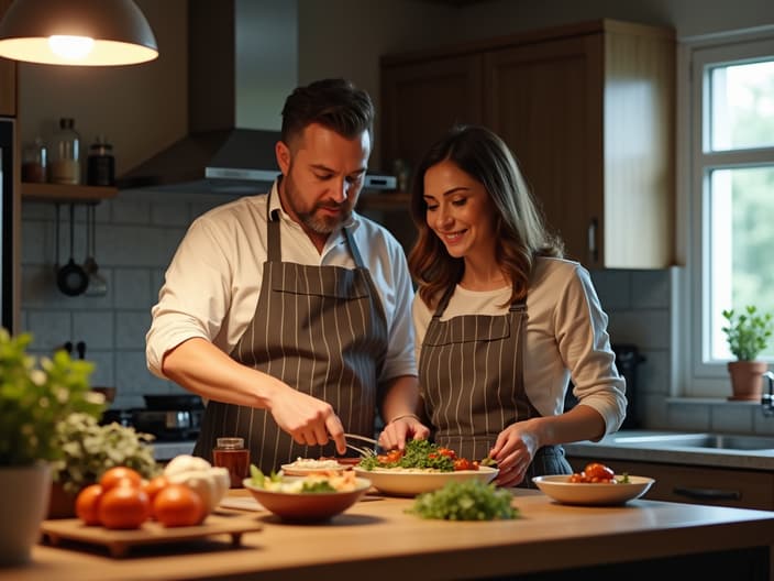 Couple cooking a meal together in the kitchen