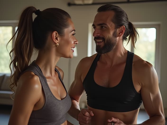 Couple doing home workout together, trainer encouraging partnership