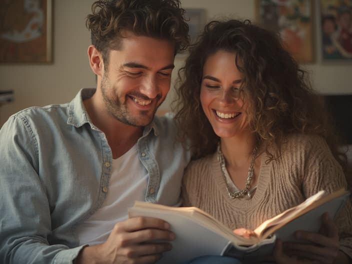 Couple laughing while looking at a photo album