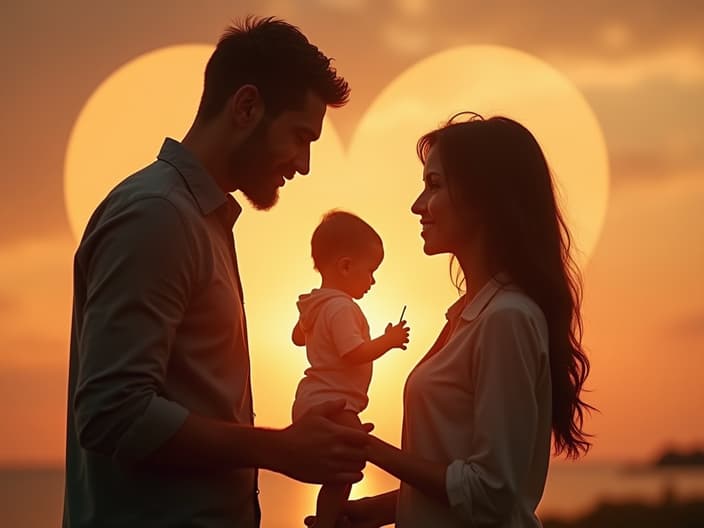 Couple looking at adoption checklist, child's silhouette in heart shape background