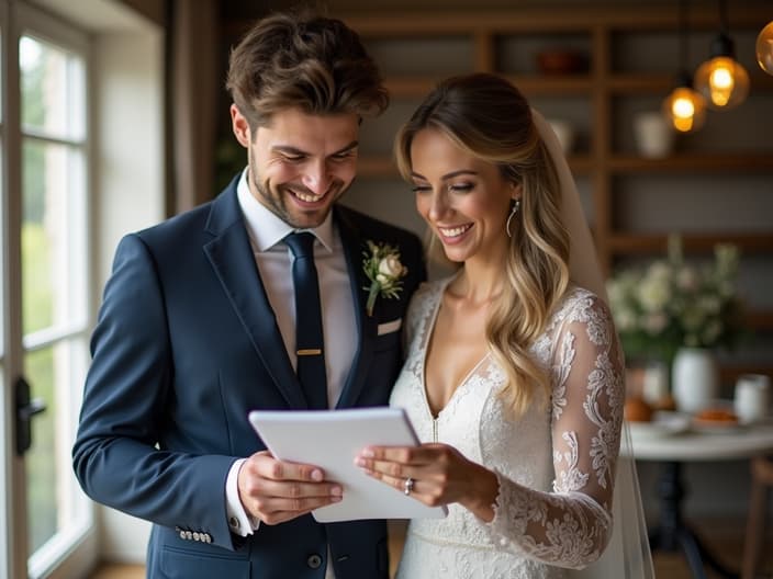 Couple looking at wedding planning checklist and calculator