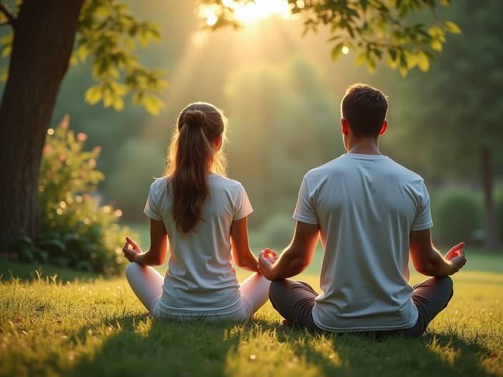 Couple meditating together in a peaceful garden setting