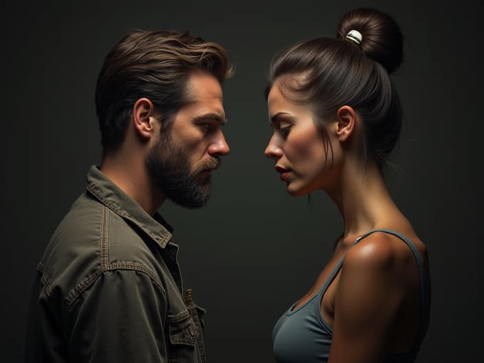 Couple not communicating, studio setting with tense atmosphere