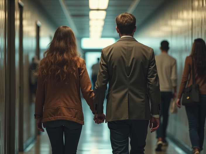 Couple passing each other in a busy hallway, looking stressed