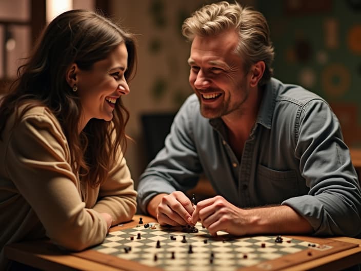 Couple playing a board game, laughing and enjoying themselves