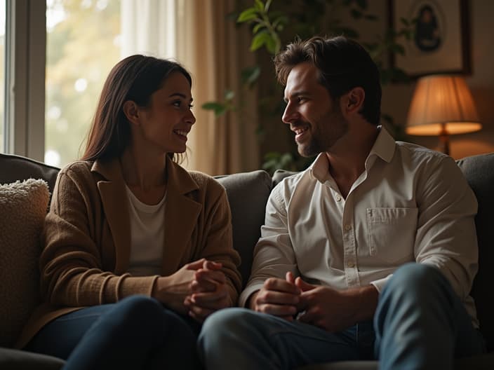 Couple sitting on a couch, discussing issues in a calm and respectful manner