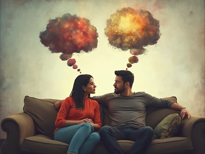 Couple sitting on a couch, thought bubbles above their heads