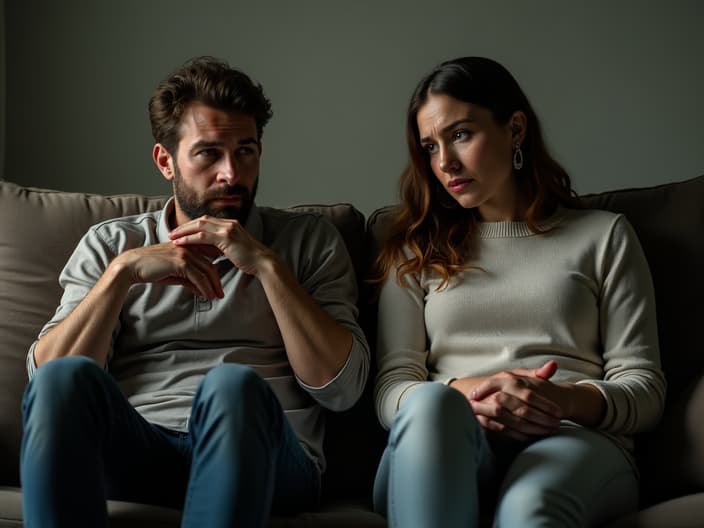 Couple sitting on opposite ends of a couch, looking worried and distant