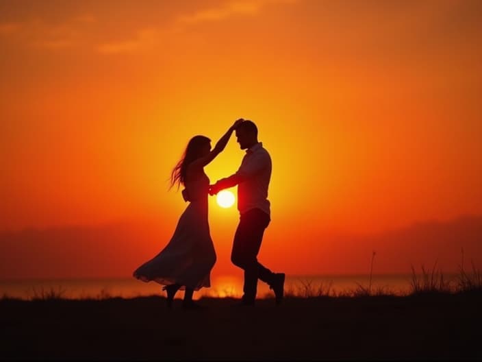 Couple slow dancing, silhouette against a sunset background