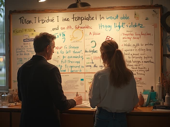 Couple writing on a shared vision board, motivational quotes around