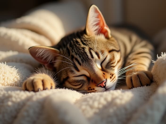 Cozy studio shot of a cat peacefully sleeping in a soft bed, dreamy lighting