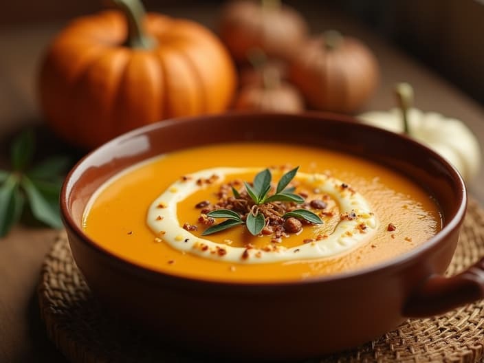 Creamy pumpkin soup being served, fall atmosphere