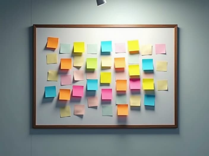 Creative marketing strategy brainstorming session, whiteboard with colorful sticky notes, studio lighting, professional setup