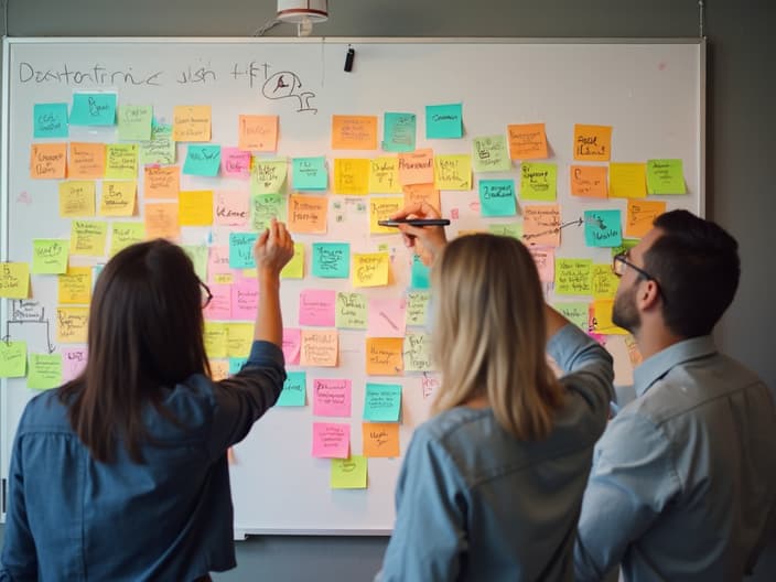 Creative marketing team brainstorming unique campaign ideas, colorful sticky notes on wall