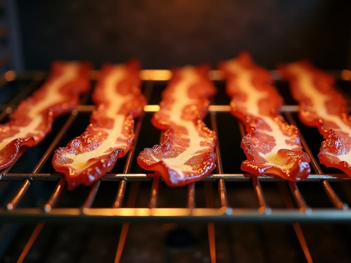 Crispy bacon strips on a rack, oven in background