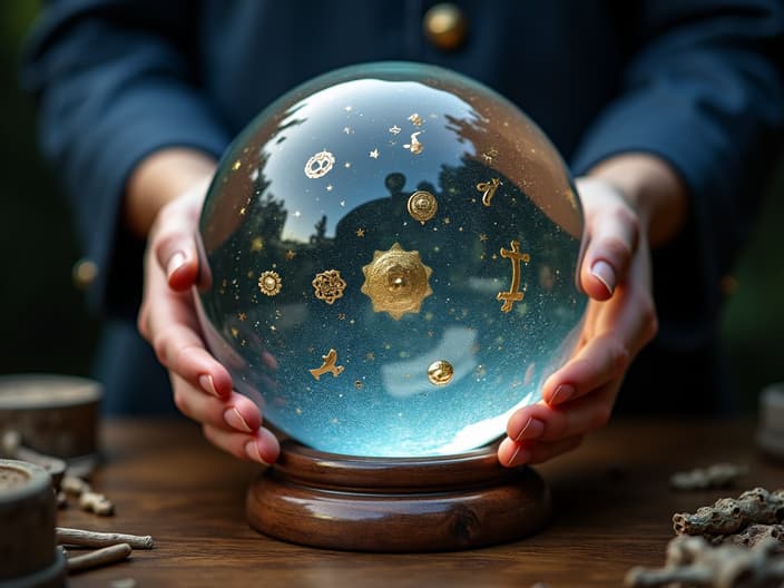 Crystal ball showing various professional tools and zodiac signs, soft focus studio shot