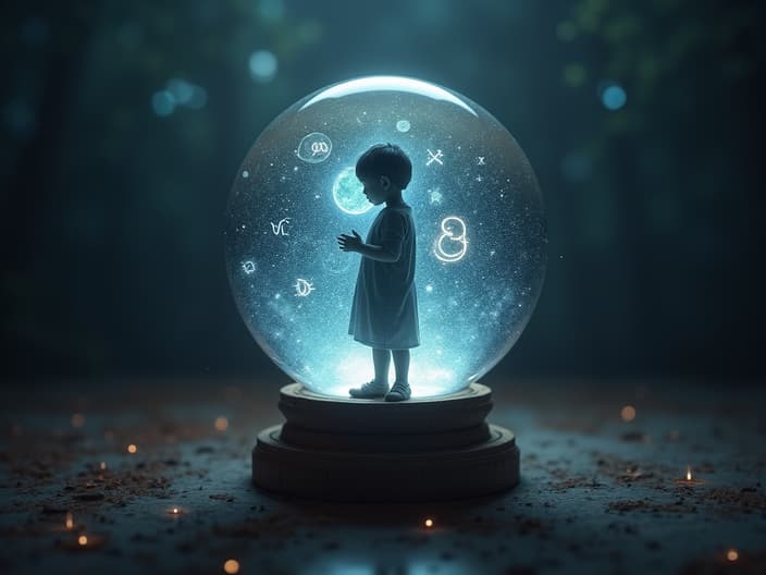 Crystal ball with a child's silhouette and zodiac symbols, soft focus studio shot, future theme