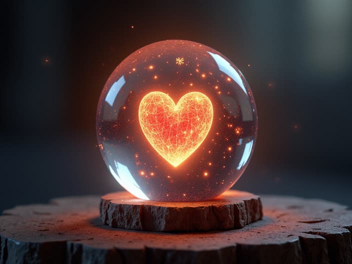 Crystal ball with a glowing heart and zodiac symbols, soft focus studio shot, destiny theme